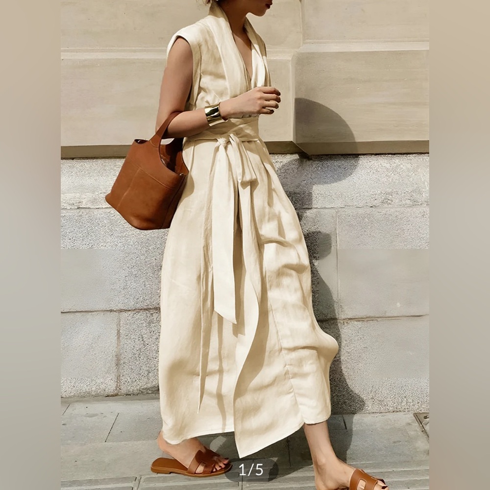 Commense cotton and linen belted sleeveless long dress in cream size M